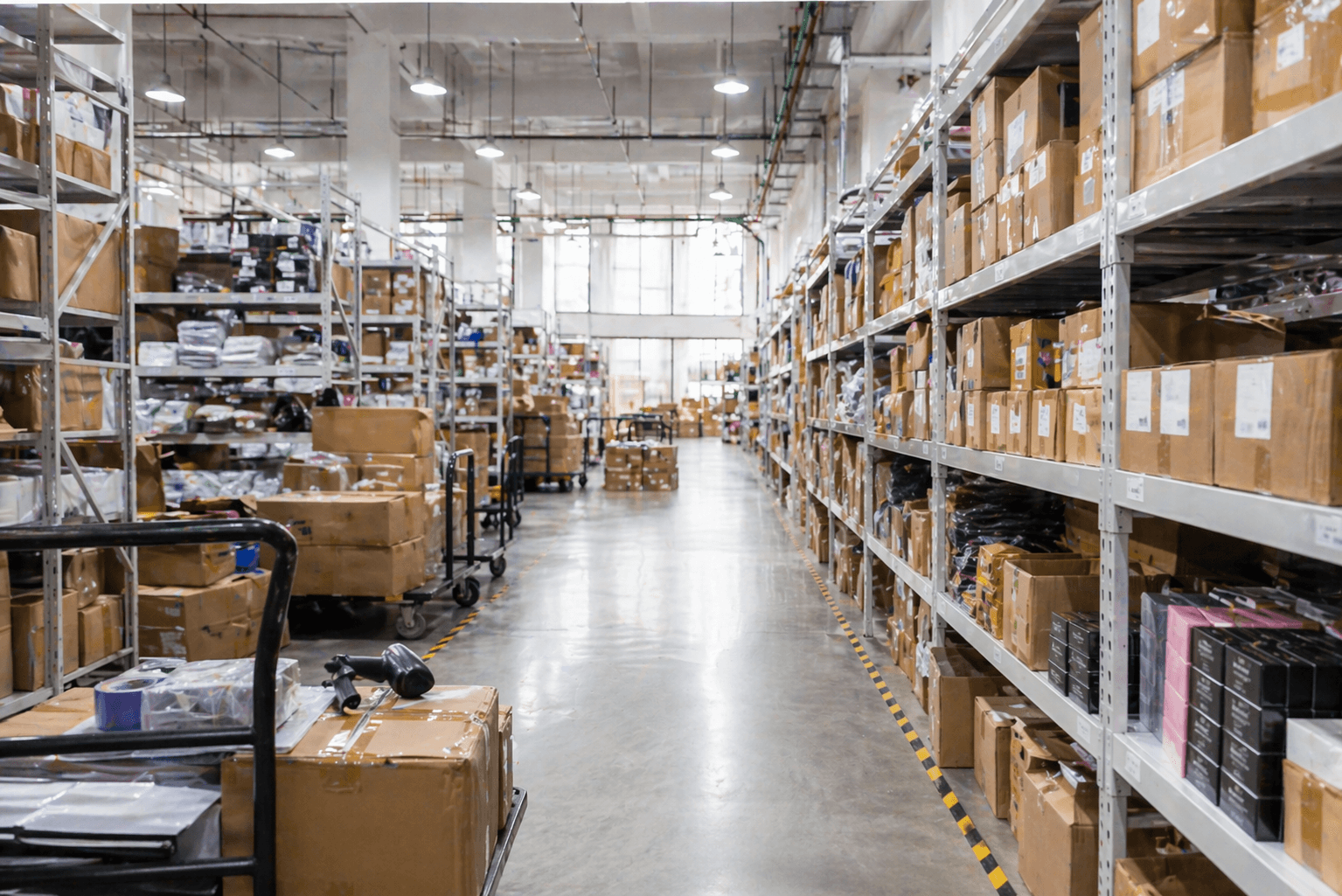 Warehouse aisle with organized inventory shelves