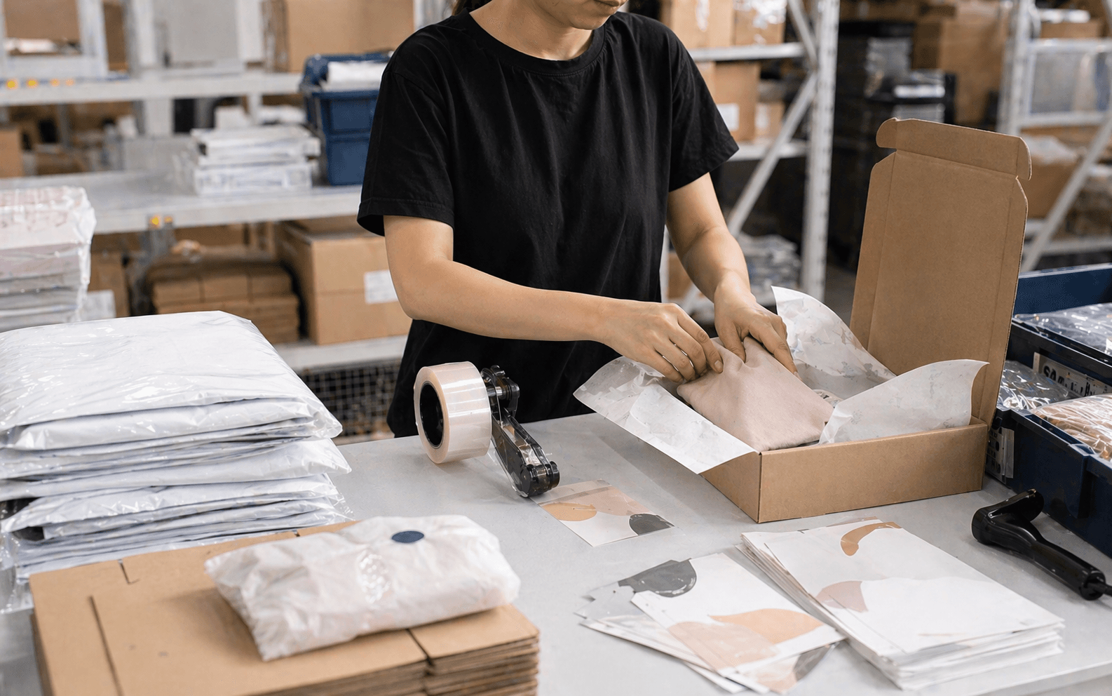 Order packing and fulfillment workflow at a packing station